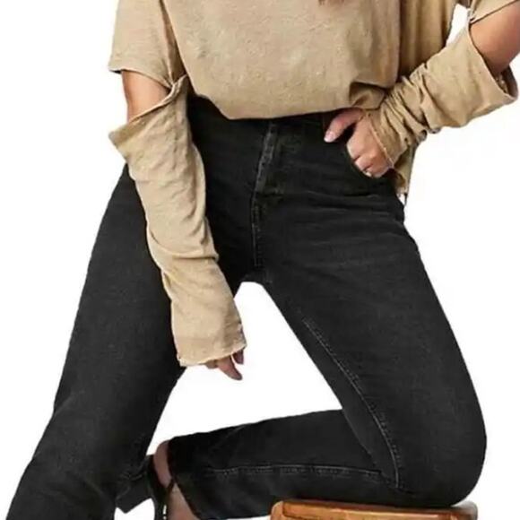 We The Free People Black Denim Jeans Pants 4 Button Fly Siren Low Rise Straight - Picture 1 of 9